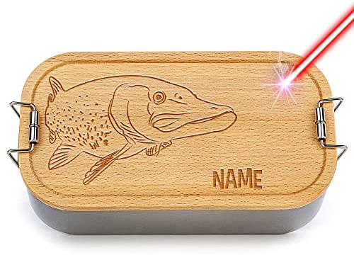 Print Royal Brotdose mit Gravur selbst gestalten - Hecht - mit Name personalisieren - Geschenke für Angler, Fischer und Fans vom Angelsport - Lunchbox, Holzdeckel, BPA-frei, 600 ml