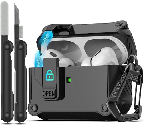 RFUNGUANGO Compatible with AirPods Pro 2nd/1st Case with Secure Lock Clip,Automatic Pop-up Case Full-Body Shockproof Hard Protective Cover Compatible with AirPods Pro 2 (2023/2022/2019),Black