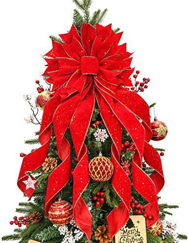 Christmas Tree Topper,33x13 inches Large Toppers Bow with Snowflake Pattern for Christmas Decoration (Red)