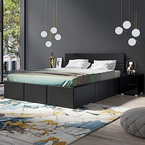 Lomadox Schlafzimmer Set 3-teilig mit Bett 160x200cm, 2 Nachttische in schwarz Hochglanz mit grauem Kunstleder Modern