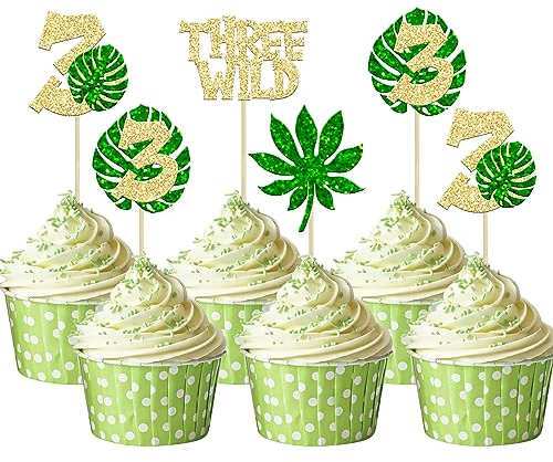Gyufise Cupcake-Topper mit drei Palmblättern, glitzernd, Monstera-Blatt, drei Cupcake-Picks, Nummer 3, Cupcake-Dekoration für Dschungel, Safari, Babyparty, Kinder, 3. Geburtstag, Party,