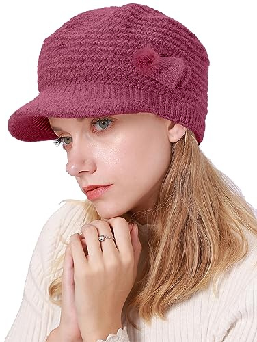 CheChury Strickmütze Damen Barett Winter Fleece Mütze Warme Frauen Grobstrick Wintermützen Mütze mit Shirm Baskenmütze Winter Damen Beaniemütze mit Schirm Wollmütze Damen Schirmmütze