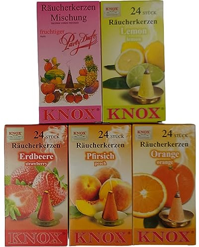 Knox XL Sparpack 5 Räucherkerzen -fruchtiger Partyduft Mischung+Lemon+Erdbeere+Pfirsich+Orange -Größe M Inhalt pro Schachtel 24 Räucherkegel Duftkegel