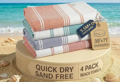 LANE LINEN 4 Pack Beach Towels - Cotton Rich Oversized, Pre-Washed Quick Dry, Extra Large Pool Towel, Lightweight Beach Towel Sandproof, Absorbent Travel Bath Towel - Multi