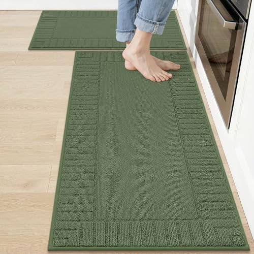BEQHAUSE Küchen Teppiche, Waschbar, TPR rutschfest, 50x76cm+50x122cm, Grün | Küchenteppich Läufer Geeignet für Küchen, Esszimmer, Leicht zu Reinigen, Polypropylen, Haustierfreundlich, Schmutzfangend