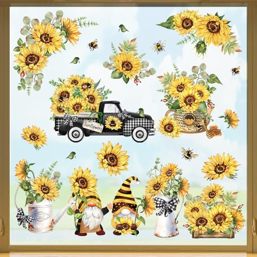 decalmile Sunflower Double Sided Window Clings Summer Flowers Gnomes Window Decals Anti-Collision Glass Window Doors Window Stickers