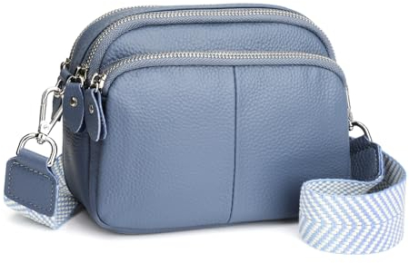befen Crossbody Bag Damen Echtes Leder Umhängetasche Klein Damen Handytasche zum Umhängen, Moderne Handtasche Taschen mit Breitem Schultergurt für Arbeiten Einkaufen Reisen, Grau Blau