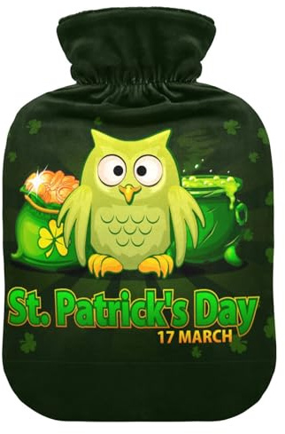 Wärmflasche mit Bezug, Motiv: Eule, St. Patricks Day, weich, warm, für Winter, Bett, Hand, Hals und Schultern, 1 l