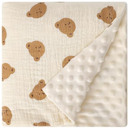 Knirose Cotton Muslin Front Fluffy-Backed Baby Swaddle Blankets Double Layer Nursery Plush Dotted Fleece Back Receiving Bed Quilt Blanket for Unisex Newborn Toddler Boys Girls 30 x 41 Inches