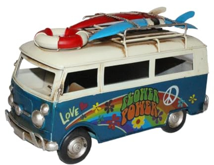 Blechauto Deko Nostalgie Modellauto Oldtimer Surfer Hippie Bulli in blau L 26 cm aus Blech