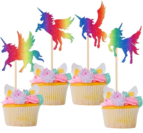 Xsstarmi Cupcake-Topper mit Flügel-Einhorn, Glitzer, Einhorn-Pferd, Cupcake-Picks, Dekoration für Babyparty, Hochzeit, Geburtstag, Party, Kuchendekorationen, bunt, 24 Stück