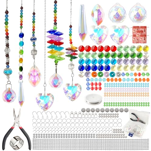 JYNTERPLAY 460 Stück Sonnenfänger Kristall Bastelset Erwachsene Liebevoll DIY Bunten Perlen Lichtfänger Regenbogen Anhänger Kristalle zum Aufhängen Windspiel für Fenster Garten Party Hochzeit Dekor