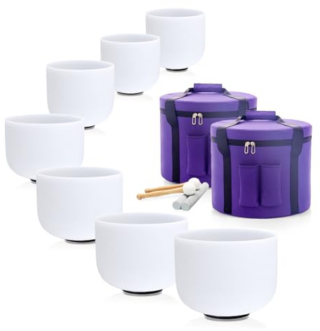 Hye-eun Kristall-Klangschalen-Set, 432 Hz, 15,2 - 30,5 cm, mattiert, 7-teiliges Chakra-Set für Yoga, Meditation mit robuster Tragetasche