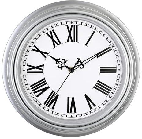 Plumeet Extra stor retro väggklocka, 40 cm icke-tickande klassisk tyst vintage väggklockor dekorativt kök vardagsrum sovrum, romerska siffror, batteridriven, silver