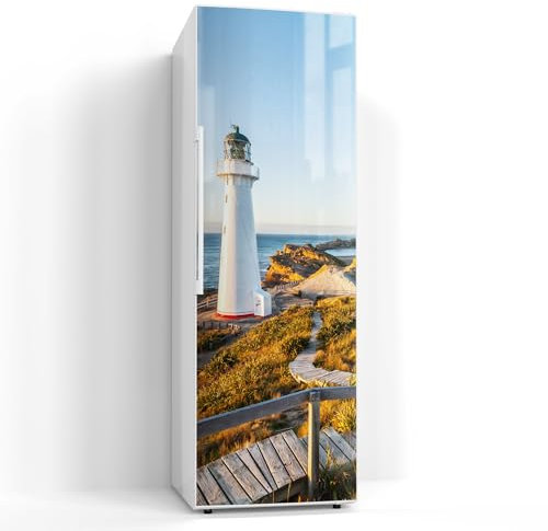 DEQORI Magnetfolie für Kühlschrank 60x180 cm | Motiv Leuchtturm Idylle | dekorative Magnetmatte Gefrierschrank Schutz | Magnet Deko-Folie selbstklebend, magnetisch & beschreibbar