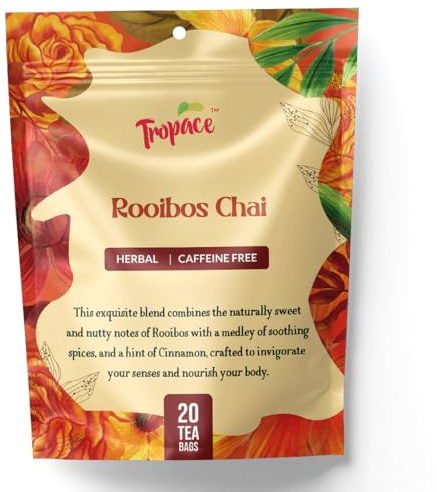 Tropace Organic Rooibos - 20 Tea Bags, South African Red Tea infused with Cardamom, Cinnamon & Black Pepper - Caffeine Free Herbal Tea, Rooibos Tea Rooted in Africa & Packed in USA, 1.4 oz (40g)
