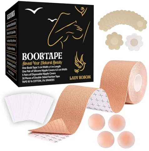 Boob tape for Women - Breast Lift Tape 5m Body Tape for A-G Cups, 12 Pcs Reusable Silicone Nipple Covers, Double-Sided Strips Strong Hold for Small & Large Breast invisible and Water Proof Tit Tape