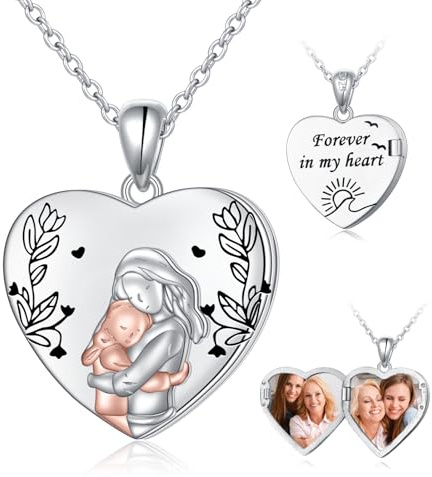 HOOHWE Mother Daughter Locket Necklace 925 Sterling Silver Picture Necklace for Women Forever In My Heart Photo Necklaces Mothers Day That Holds Pictures Gifts for Women Girls