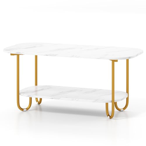 GIANTEX Soffbord i konstmarmor med rundade hörn, soffbord i konstmarmor med rundade hörn, halkfria ben, rektangulär design, för vardagsrum, kontor, lägenhet, 100 x 50 x 45 cm, vit marmor + guld