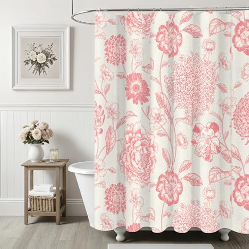 Ksriylm Rosa Leinen Baumwolle wasserdicht Duschvorhang,182x182cm wunderschöne Blumen Duschvorhänge für Badezimmer Dekor, schickes Stoff Tuch Blumenblätter Duschvorhang mit 12 Ringe