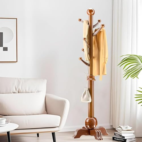Qcesorib Attaccapanni da Terra con Gambe, Appendiabiti da Terra con 7 Ganci, Appendiabiti in Legno, Altezza del Piede Regolabile, Palo Principale da 6 cm, per Vestiti, Cappelli, Borse