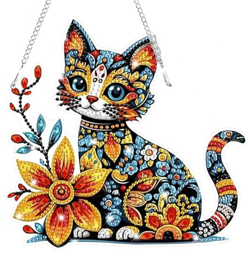 Lxmsja Colorful Cat Diamond Art Hanging Ornaments with Chain for Adults Kids, Special Shaped Diamond Painting Flower Pendant Kits, Hanging Crystal Suncatcher Gem Art Kits for Home Door Wall Decor