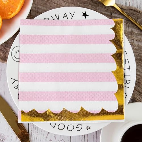 Serviette Papier Rayé Rose Doré Serviette de Table Anniversaire Jetables Cocktail Mariage Décoration de Table pour les Partys Célébrations Papier Toilette 5 Paquet(33x33cm)