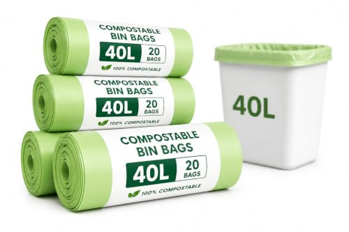 SAI-PAC 40L Compostable Kitchen Caddy Liners, 100 Count (4 Rolls of 25) | EN 13432 Certified Biodegradable Food Waste Bags | Eco-Friendly Heavy Duty Garbage Bin Liners for Home, Office & Garden.