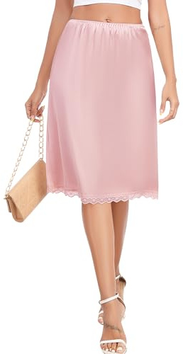 Vlazom Jupon Femme Longue Satin sous-Robe avec Bordure en Dentelle Délicate Fond de Jupe Taille Élastique，Rose Clair，3XL