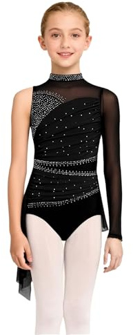 Aislor Vestido De Danza Lírica para Niñas Leotardo Manga Larga con Falda Tul Irregular Maillot De Patinaje Artístico Negro 11-12 años