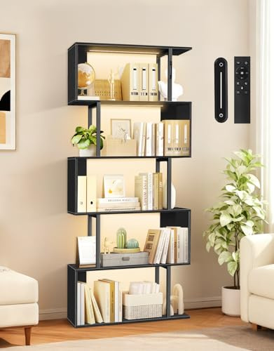 OUTONLIFE S-förmiges Bücherregal mit Licht, 5 Ebenen, Touch- und Fernbedienung, Freistehendes Regal zur Anzeige, Industrie-Speicherlösung für Wohnzimmer, Schlafzimmer, Büro (70 × 24 × 157 cm)