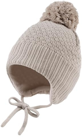 MniJiza Baby Girls Winter Hat Toddler Earflap Pompom Beanie Hat Infant Boys Fleece Lined Hats Baby Knit Hat Fall (0-6M, Beige)