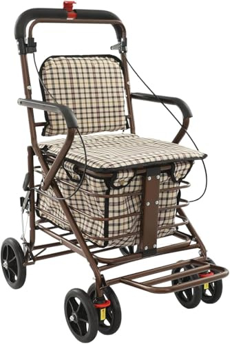 Foldable 4-Wheel Shopping Cart with Seat - Lightweight Portable Utility Cart for Camping, Travel, Walking + Foldable Rollator Walker (6 Wheels) with Extra Wide Seat for Seniors
