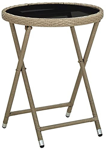 HaoChrymec Beistelltisch aus PE-Rattan und gehärtetem Glas, Klappbar für einfachen Transport, Loungetisch Outdoor, Ideal für Garten, Balkon und Terrasse, Beige, 60x75 cm