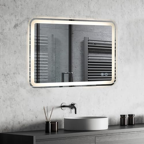 AVAWING Beleuchteter Badezimmerspiegel 60x80cm mit 3 Farbtemperaturen dimmbar Entspiegelungsfunktion integrierter Steckdose IP44 Schutz und Splitterschutzfolie