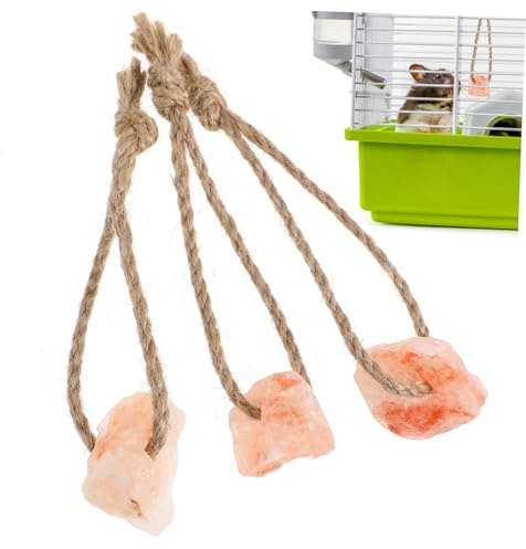 DECOMELODY 3 Stück Mikronährstoff Salzlecksteine für Kleintiere Natürlicher Mineralstoff Kauspielzeug mit Seil Zahnreinigend und Spielerisch für Kaninchen Hamster und Meerschweinchen