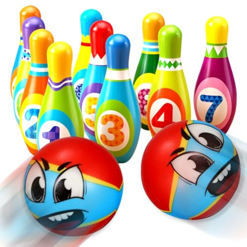 Bowling Set Kids Skittles Game Set, Educational Bowling Set with 10 Bowling Pins and 2 Balls, Skittles Game for Early Indoor, Outdoor Games Set, Montessori Toy for 3-6 Year Old, Children's Gifts