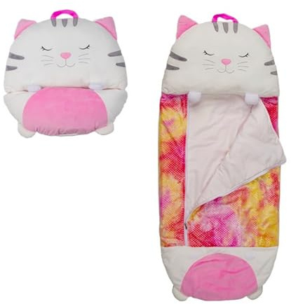 Sacco a Pelo per Bambini Gatto, Design Felino con Motivo Tie-Dye, Bianco e Rosa, 130x60 cm, con Cuscino Integrato