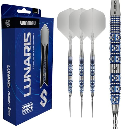 WINMAU Lunaris Darts – Profi-Darts 90 % Wolfram Dartpfeile | Blau & Silber Parallel-Barrels | Switch Point Technologie | 2 austauschbare Spitzen | Fusion Kurzschäfte & Flights | 22/23/24/25g Darts