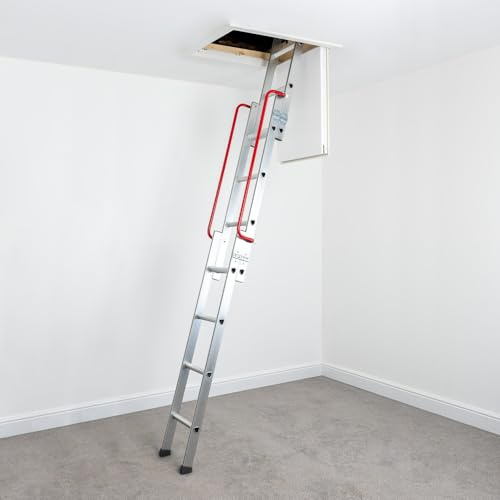 LOFT-TRAC Premium Aluminium Loft Ladder with Handrail & Dual Pivot Arms, Smooth Sliding Attic Ladder with Extended Operating Pole, Secure Red Safety Grips & Anti-Slip Rubber Feet, 150kg Load Capacity