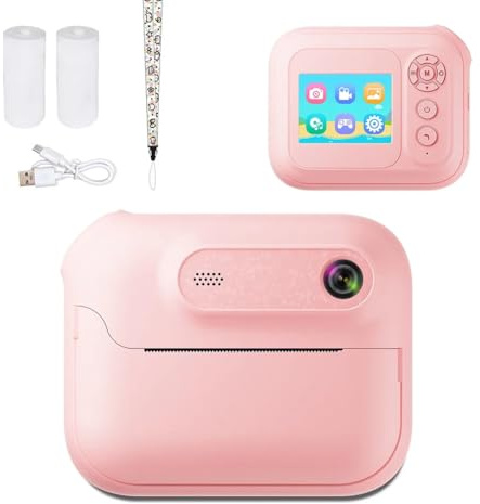Xnuiasqe Appareil Photo Numérique Instantané 1080P HD 1300mAh Imprimante pour Enfants avec Lecteur MP3 et 5 Jeux Parfait pour Un Cadeau d'anniversaire pour Filles et Garçons Rose