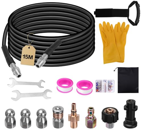 15M Tubo per Idropulitrice, 180Bar 60°C Sturatubi per Idropulitrici, Sonda Sturatubi Compatibile con Karcher K2-K7, Include 2 Adattatori, 3 Ugelli Ugelli Rigidi, 1 Rotanti, 2 Chiave e 2 Nastro Teflon