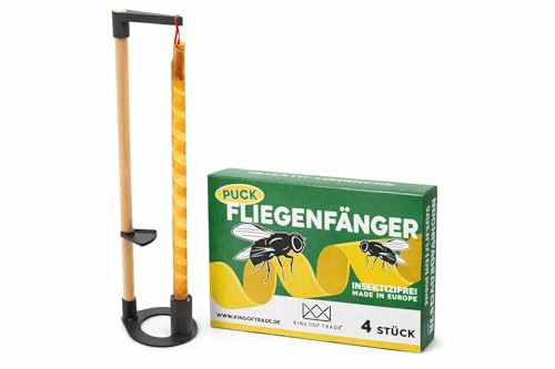 King of Trade® Puck Fliegenfänger Set – 1x Fliegenfalle Klebestreifen + 1x Halter – Effektive Fliegenfalle für Küche, Stall & Wohnräume – Giftfrei & Geruchlos – Kompatibel mit SiegFlieg