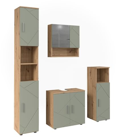 Vicco Set di mobili da bagno Irma, Verde salvia, 60 cm | composto da mobile lavabo, pensile a specchio, colonna e base media