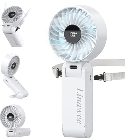 Handventilator, Tragbarer Mini Ventilator, Kleiner Taschenventilator mit 5 Geschwindigkeitsstufen, Wiederaufladbarer USB-Ventilator mit Digitalanzeige, Faltbarer Hand Ventilatoren für Büro Reisen-Weiß