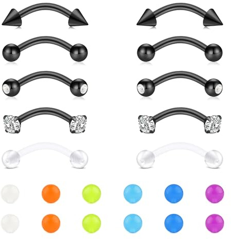 MODRSA 5 Pairs Curved Barbell Eyebrow Piercing Jewellery for Women Men, 16G 10mm Labret Lip Bars Daith Helix Rook Studs, Stainless Steel Body Piercing with Replacement Balls Black