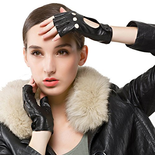 Nappaglo Damen klassisch Halbfinger Lederhandschuhe für fahren Fingerlose Lammfell Fitness Outdoor ungefüttert Handschuhe (L (Umfang der Handfläche:19.0-20.3cm), Schwarz)