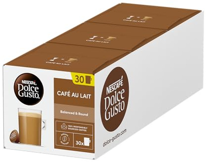 Nescafé Dolce Gusto Café Au Lait Pods 30 Pods | Multipack of 3 | Balanced coffee with milk; robusta blend; responsibly sourced coffee; smooth everyday coffee style