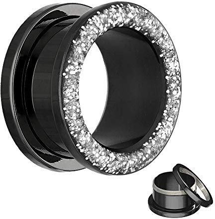 Treuheld® | Glitzer Flesh Tunnel | Schwarz/Silber | Stahl