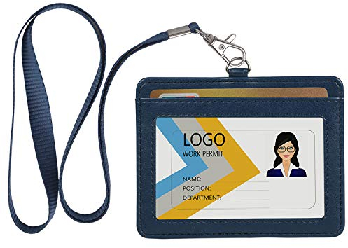 Teskyer Card Holder with Lanyard, ID Badge Holder with Clear Window and Holds 2 Cards, PU Leather Horizontal Badge Holder for ID Cards, Offices, Schools, Bus Passes, Blue